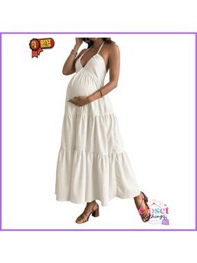Maternity Halter V-Neck Tiered Ruffle Flowy Baby Shower Dress